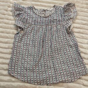 mine Light Pink Top with Green Floral Stripe and Flutter Sleeves